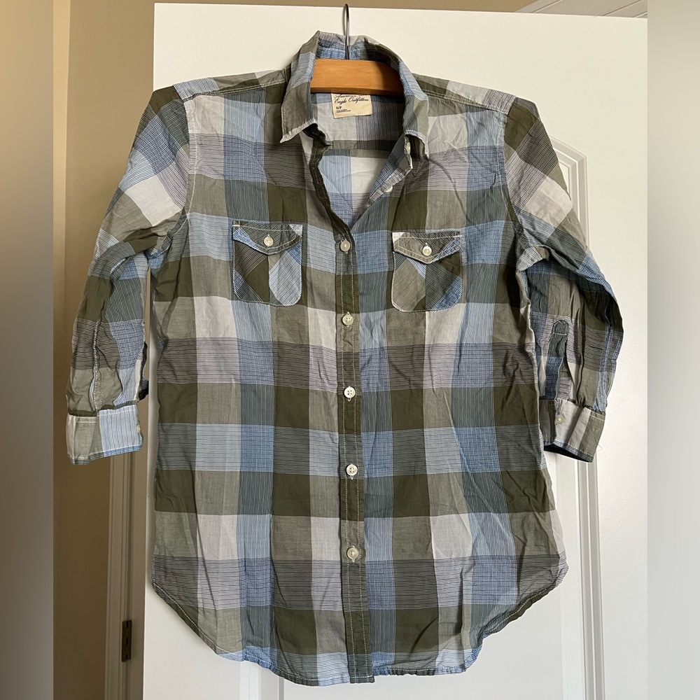 American Eagle Women’s Green and Blue Plaid Shirt